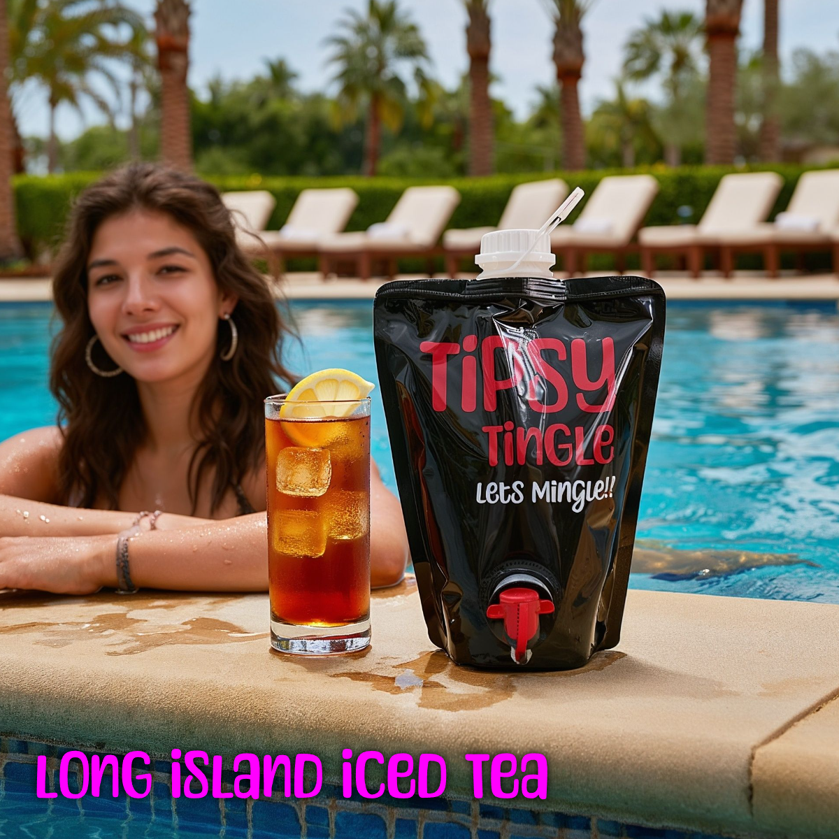 A woman at a poolside with a glass of iced tea with lemon slices, and a black beverage dispenser labeled 'TIPSY TINGLE Let's Mingle'. In the background, palm trees and pool lounge chairs.