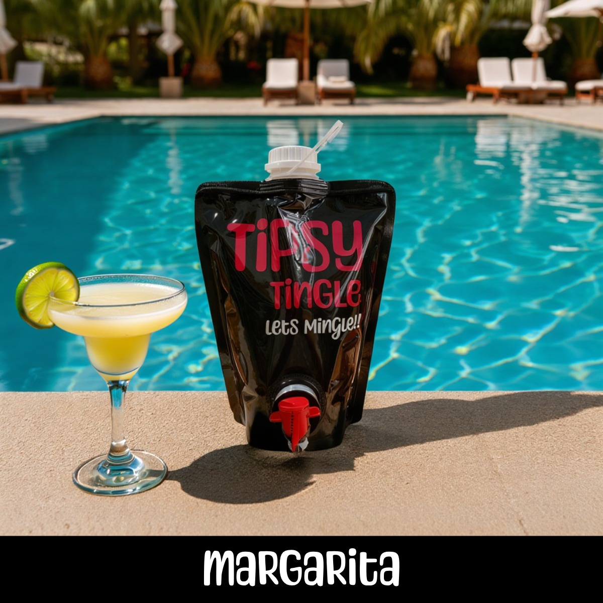 A margarita cocktail with a lime wedge garnish next to a black TIPSY TINGLE pouch with a red spout, set by a swimming pool with lounge chairs and palm trees in the background.
