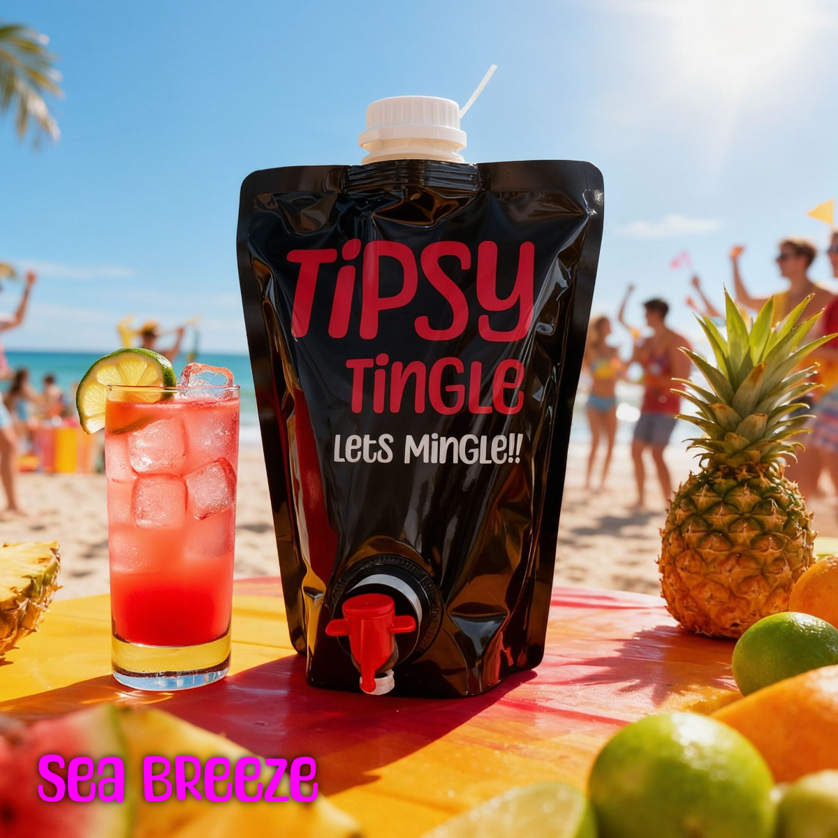 A black pouch labeled "Tipsy Tingle" with a spout, placed on a red table on a beach. Next to it is a pink cocktail with ice and a lime slice. The background shows a sunny beach with people in swimwear, some holding yellow cards, and a clear blue sky. Pineapples, limes, and oranges are on the table.