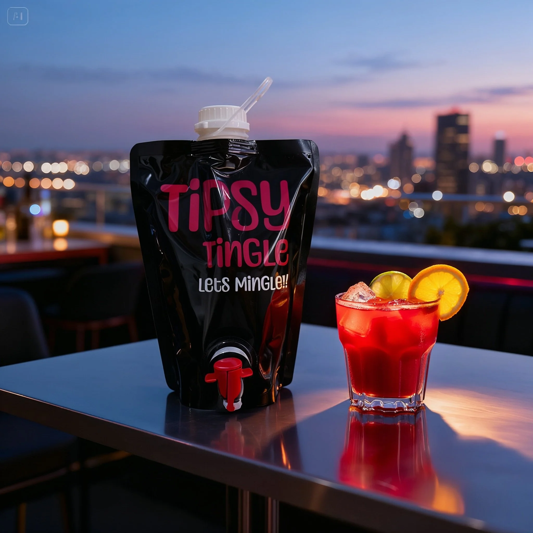 A black beverage pouch labeled "Tipsy Tingle" with a spout is placed on a table. Next to it is a glass of red cocktail with ice and garnished with orange and lemon slices, set against a city skyline at sunset.