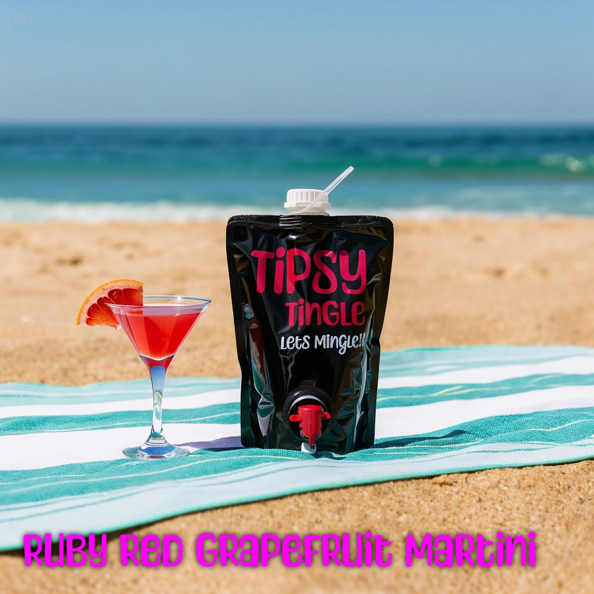 A pink grapefruit martini with a grapefruit slice on the rim, a black drink pouch labeled "Tipsy Tingle" with a spout, on a striped towel at the beach with sand, ocean, and sky in the background.