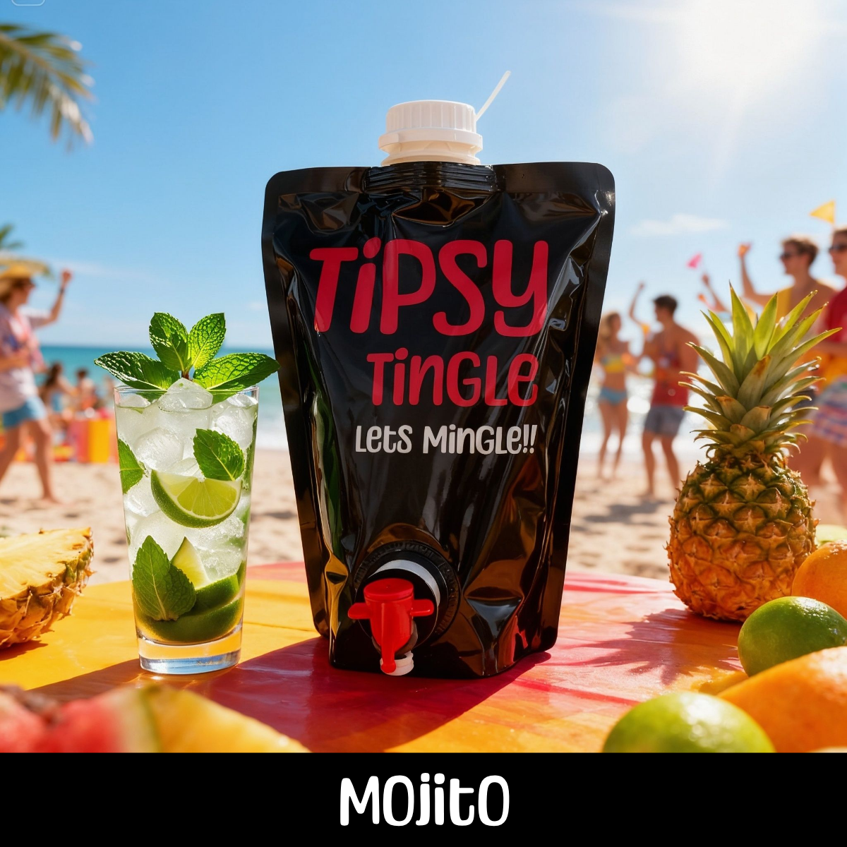 A pouch of Tipsy Tingle mojito mix with a spout, surrounded by fresh pineapple, lime, and mint on a beach with people dancing in the background.