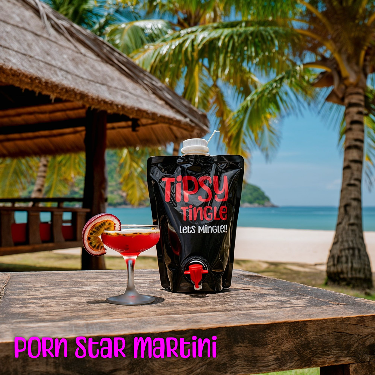 A tropical beach setting with palm trees, a thatched-roof hut, and a view of the ocean. On a wooden surface, there is a package labeled 'Tipsy Tingle Lets Mingle!!' next to a cocktail glass with a red drink garnished with passion fruit and an umbrella.