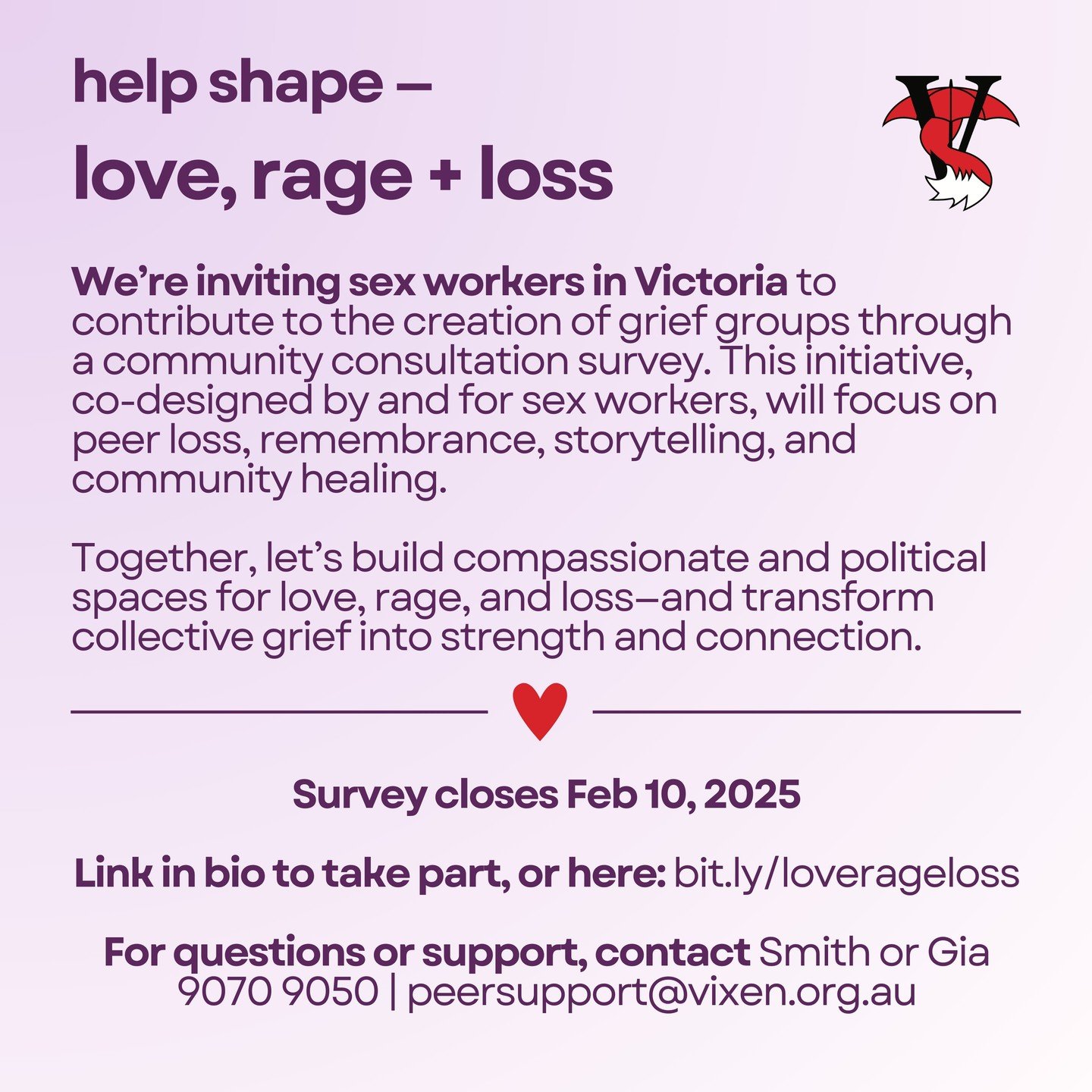 Help us shape Love, Rage and Loss &mdash; an ongoing grief space for sex workers, by sex workers 💜

We&rsquo;re inviting sex workers in Victoria to contribute to the creation of grief groups through a community consultation survey. This initiative, 