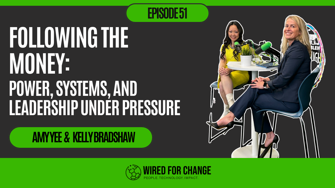 Podcast episode promotional graphic featuring two women sitting at a table with microphones, a plant, and a tablet, discussing the podcast titled 'Following the Money: Power, Systems, and Leadership Under Pressure' by Amyyee and Kelly Bradshaw, part of Wired for Change series.