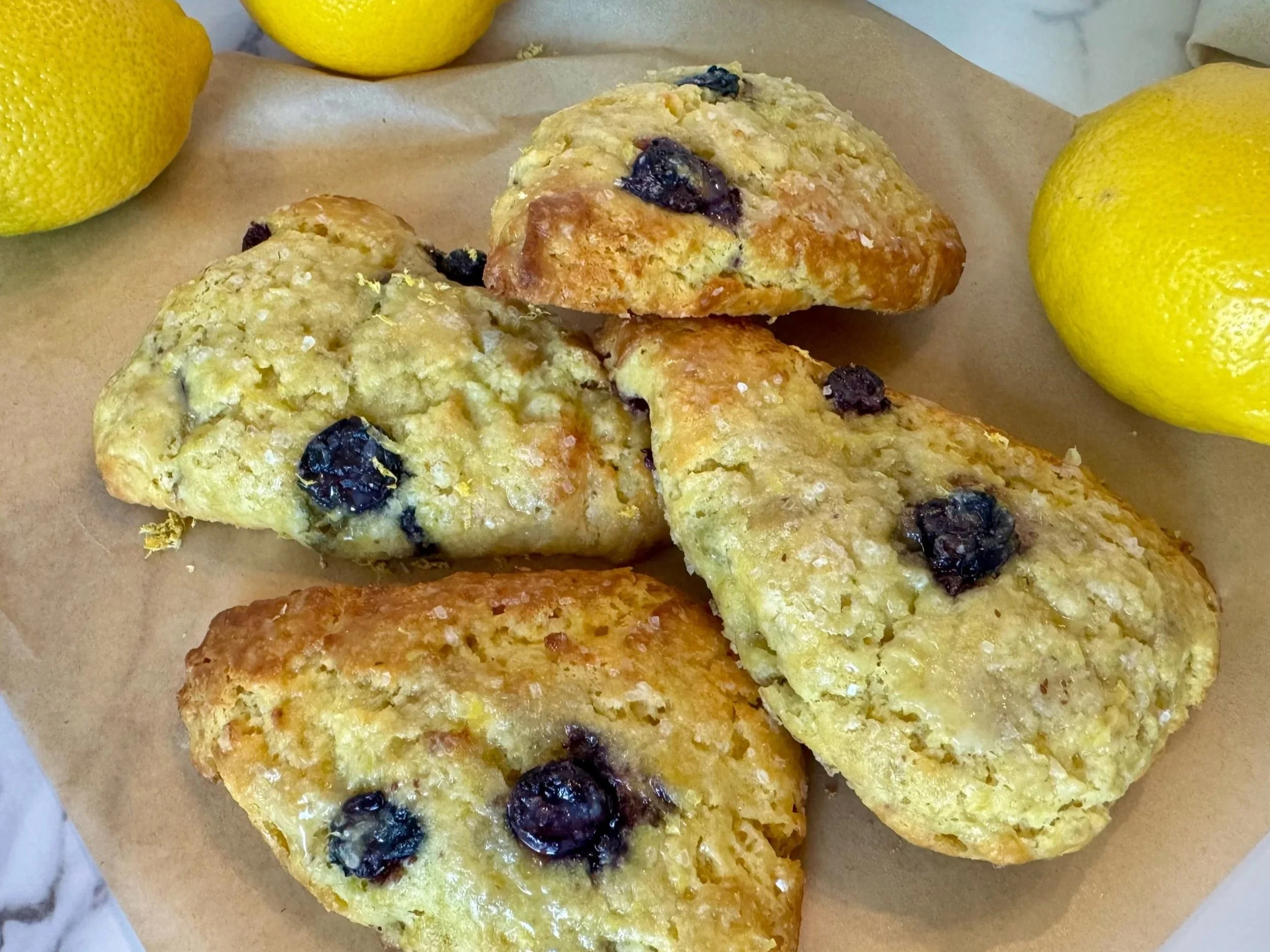 Lemon Blueberry Scone with a Tangy, lemon drizzle