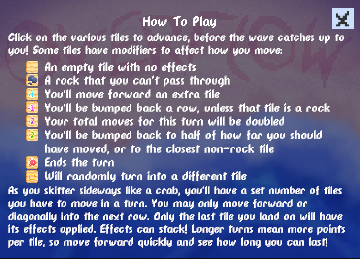 The "Help" page, explaining the rules of the game