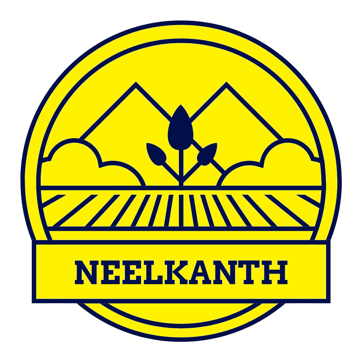 A circular logo with a yellow background featuring a stylized landscape of fields, clouds, and a rising or setting sun, with three plant sprouting from the ground. The bottom part of the logo has a yellow banner with the text 'NELKANTH' in bold, dark blue capital letters.