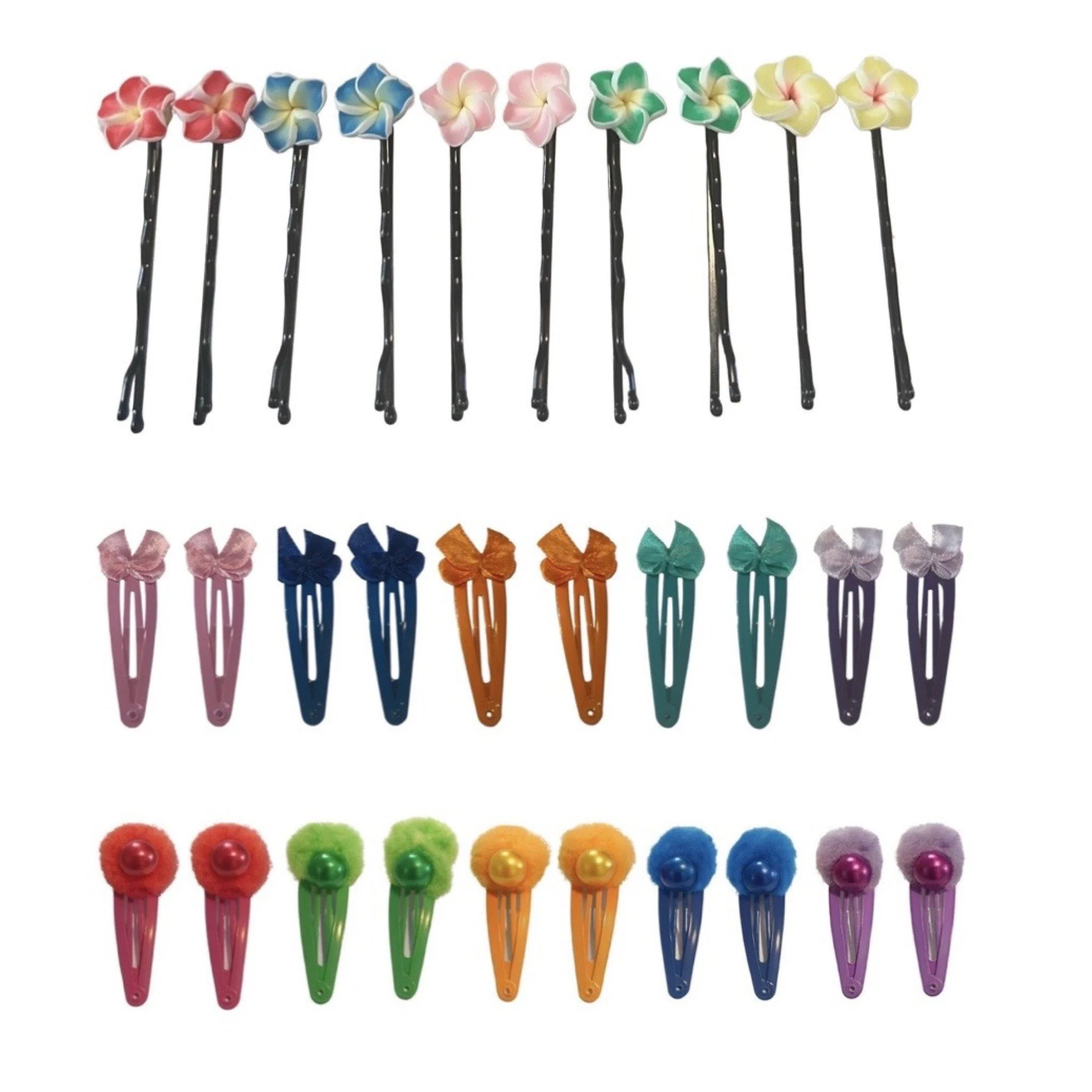 Colorful hair clips with flower and pom-pom decorations in three rows.
