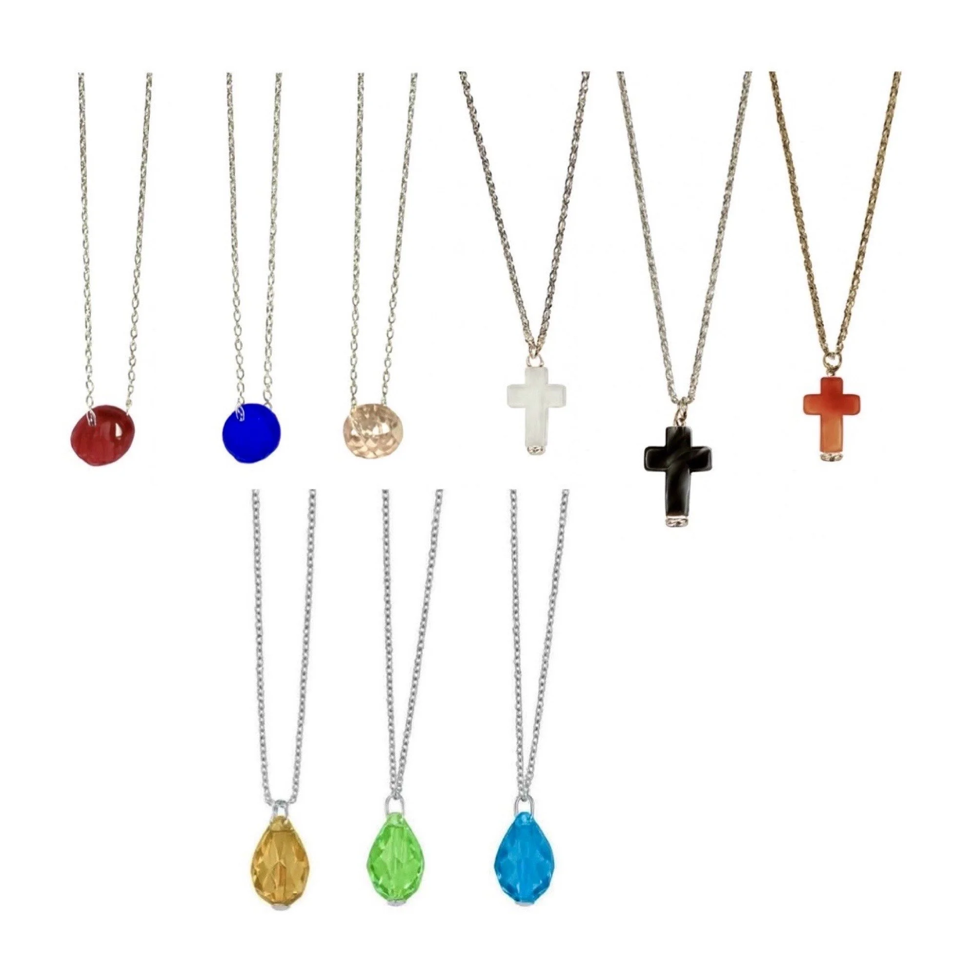 Various colorful necklaces with gemstones and cross pendants displayed on a white surface.