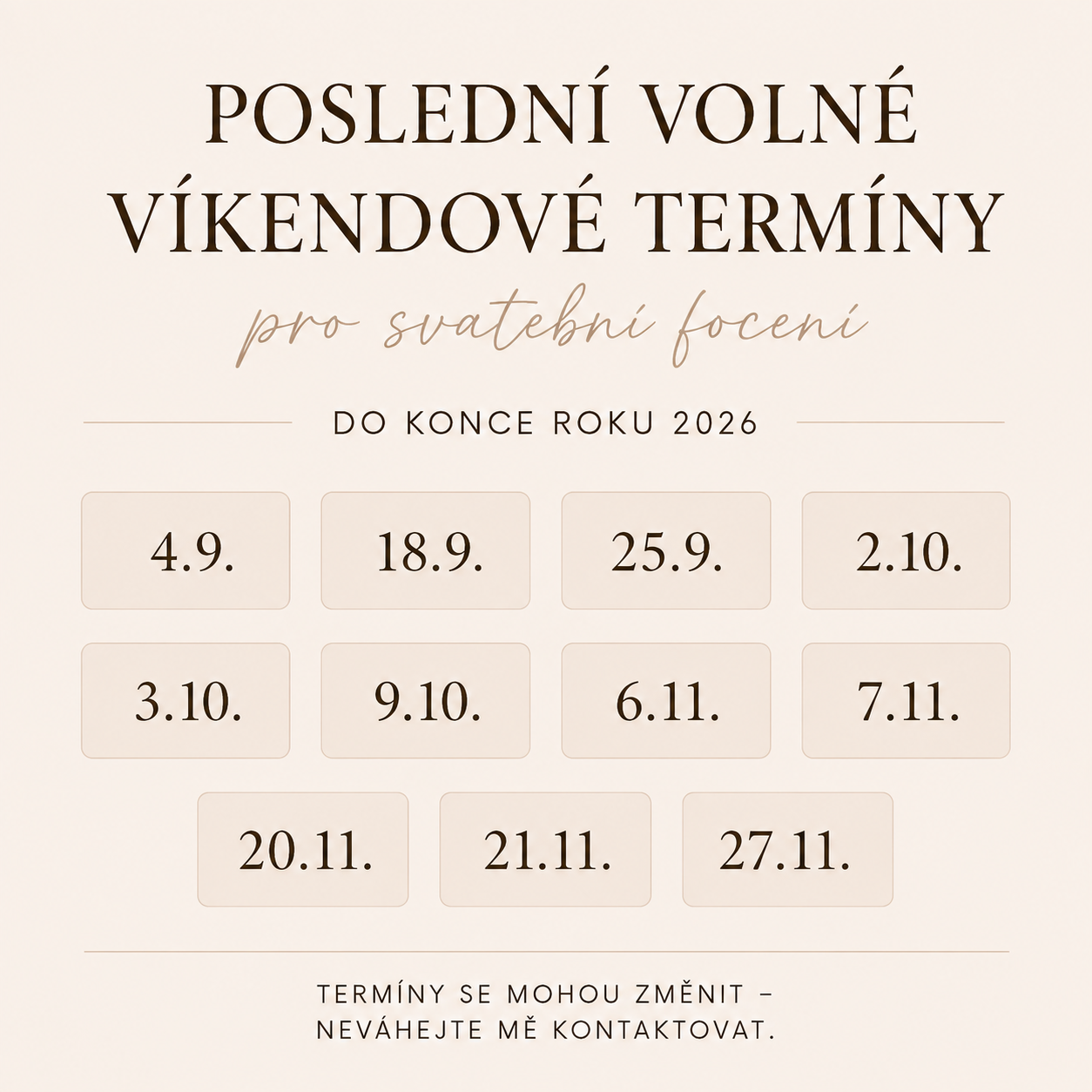 Rezervace svatebních termínů pro rok 2026 a 2027