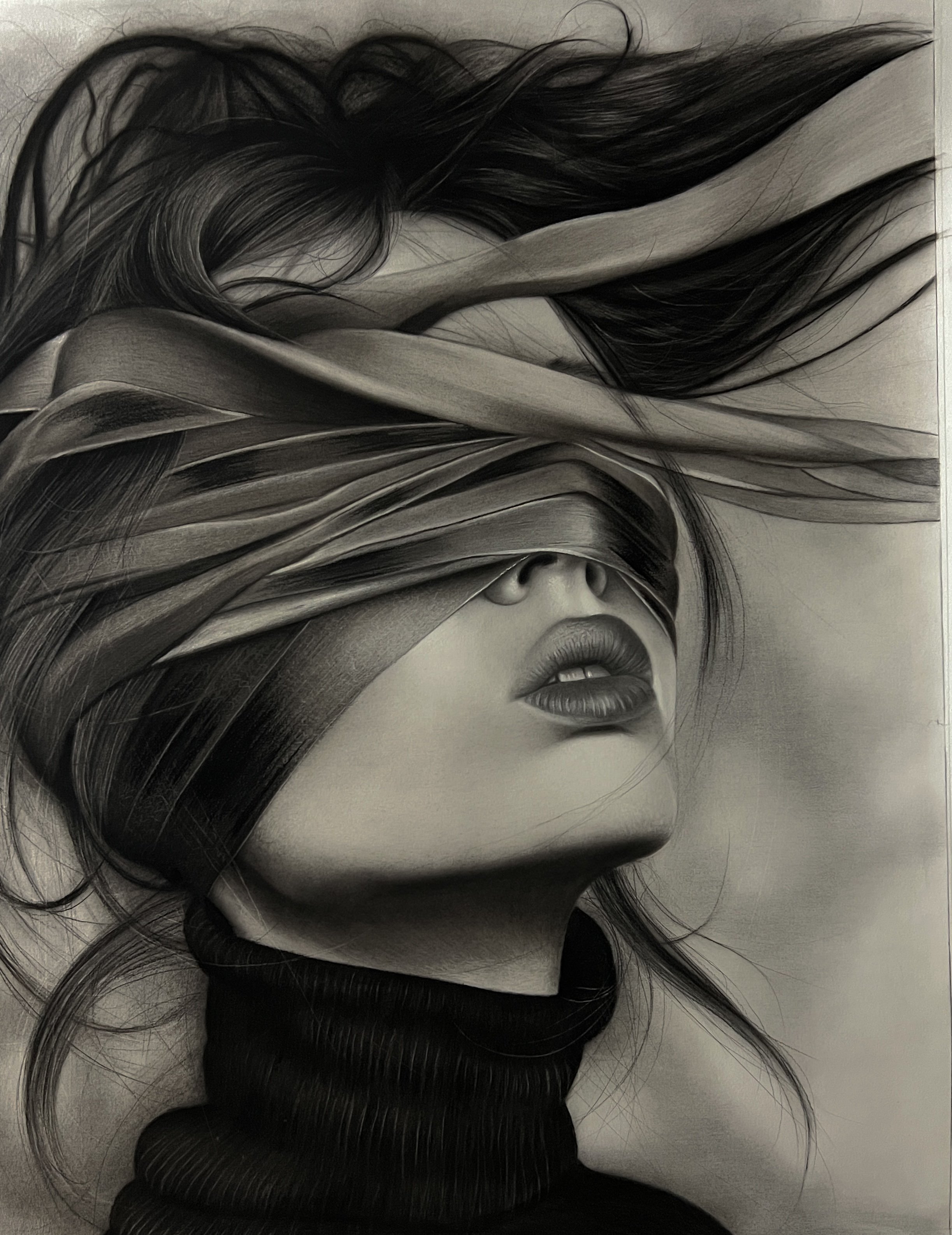 Artistic drawing of a woman with dark hair and lips, wearing a black turtleneck, her eyes covered by wrapped fabric.
