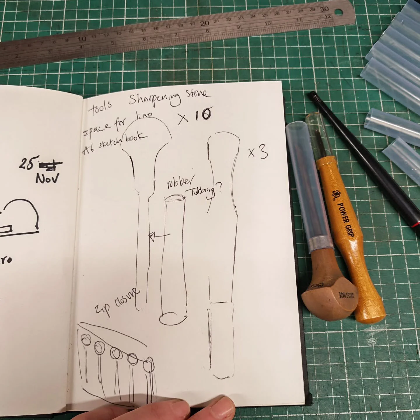 Today I've been working on a commission...long overdue! Sorry it's taken so long @bethmunro.prints !! 
I do like to get a brief...the challenge of working out how to make something. This is a bag to hold a collection of lino cutting tools, a sketch b