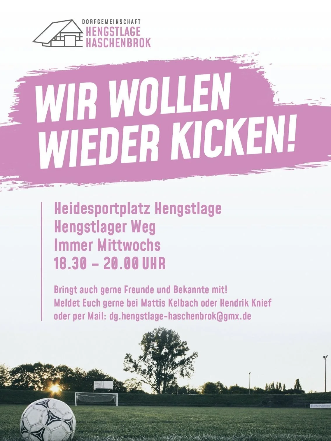⚽ Lust auf eine lockere Runde Fu&szlig;ball? ⚽

Wir kicken wieder in entspannter Runde &ndash; ohne Leistungsdruck, einfach nur Spa&szlig; am Spiel!
Egal ob du Profi oder blutiger Anf&auml;nger bist &ndash; Hauptsache, du hast Bock auf Fu&szlig;ball 