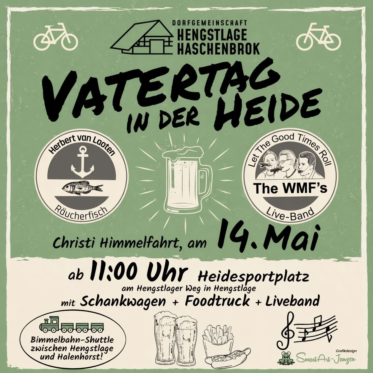 Vatertagstour schon geplant? Wir freuen uns wieder mit euch gemeinsam zu Live-Musik das Tanzbein zu schwingen. In diesem Jahr mit Fischbude, Pommes und Bratwurst. Auch die urige Bimmelbahn f&auml;hrt wieder zwischen Hengstlage und Halenhorst. Besucht