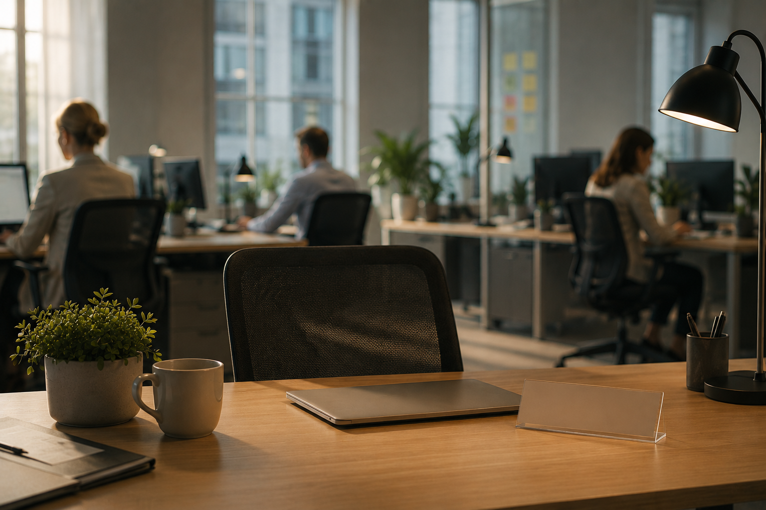 Ein volles Büro, aber ein Schreibtisch ist leer