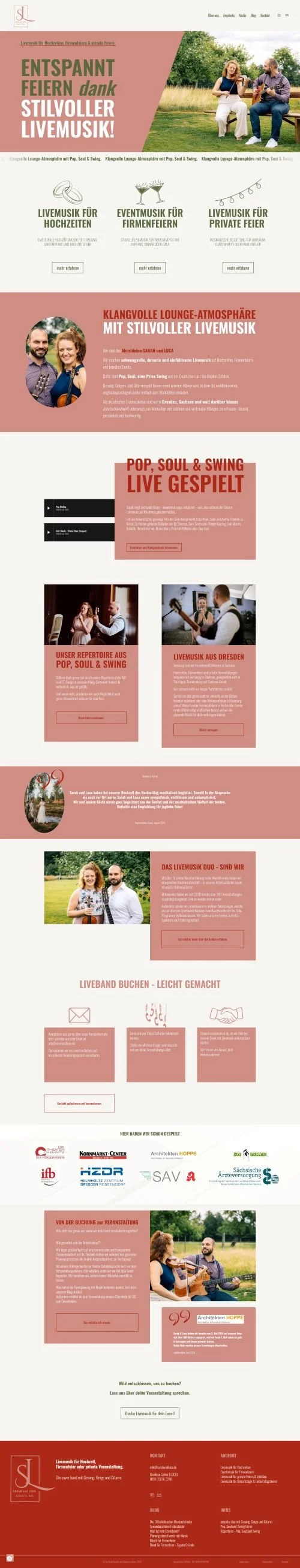 Website-Screenshot des Akustik-Duos SARAH und LUCA.