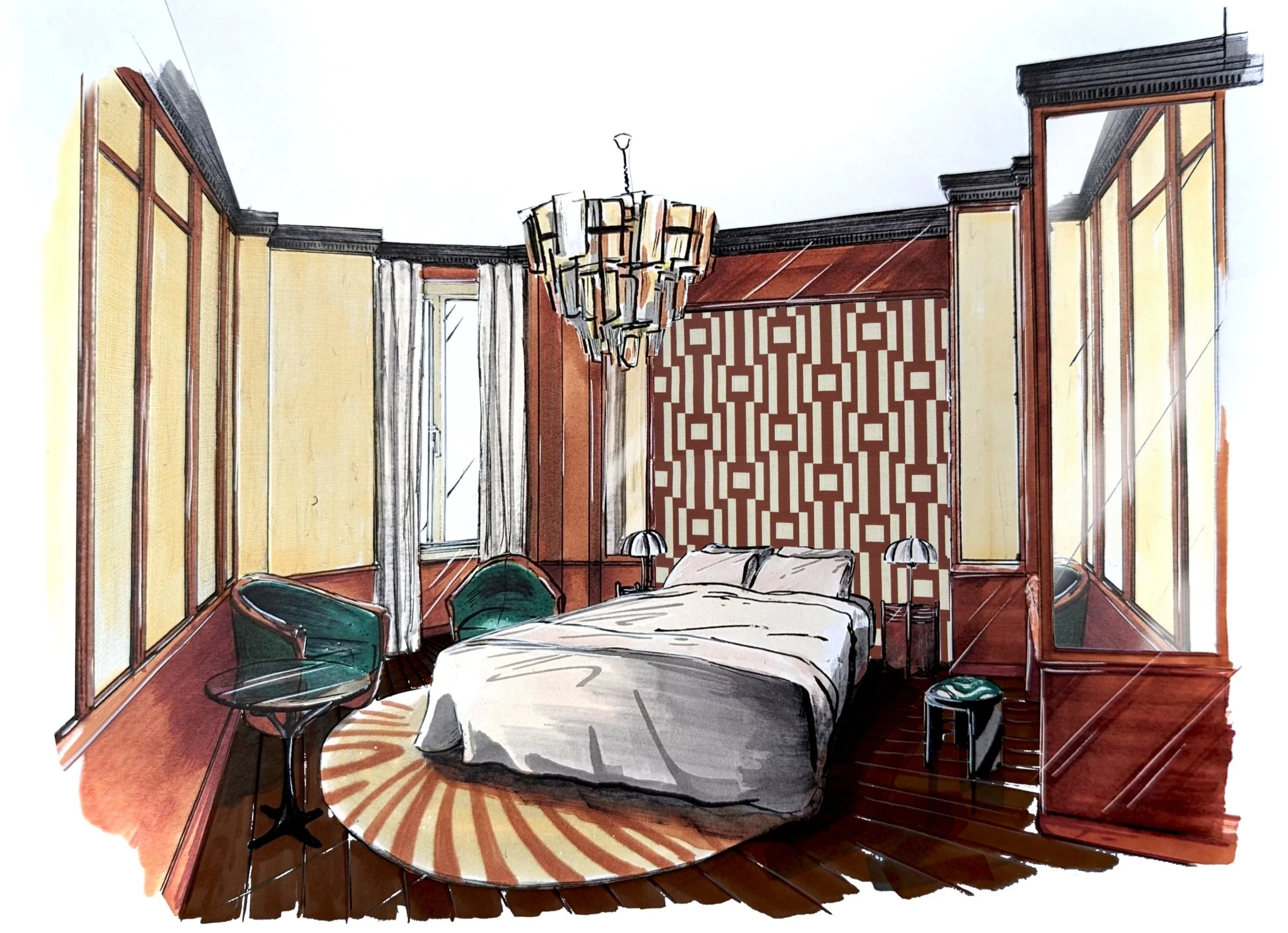 Illustration d'une chambre à coucher moderne avec un grand lit, un lustre, des chaises vertes et un tapis circulaire. Les murs ont un papier peint géométrique et des revêtements en bois.