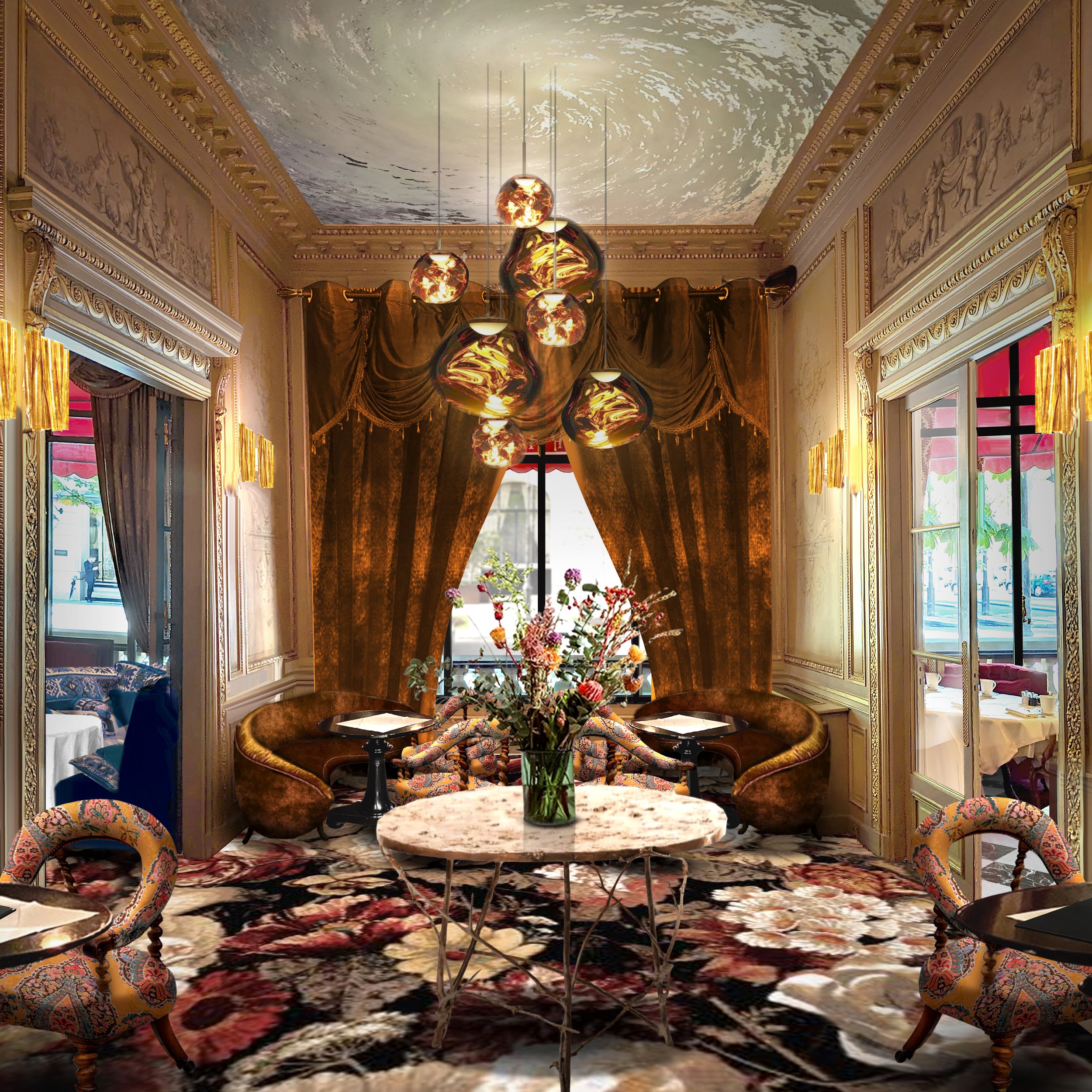 Les espaces de restauration du Raphaël : Vue intérieure du Boudoir luxueux aux meubles élégants, avec un grand lustre, des rideaux dorés et un tapis fleuri.