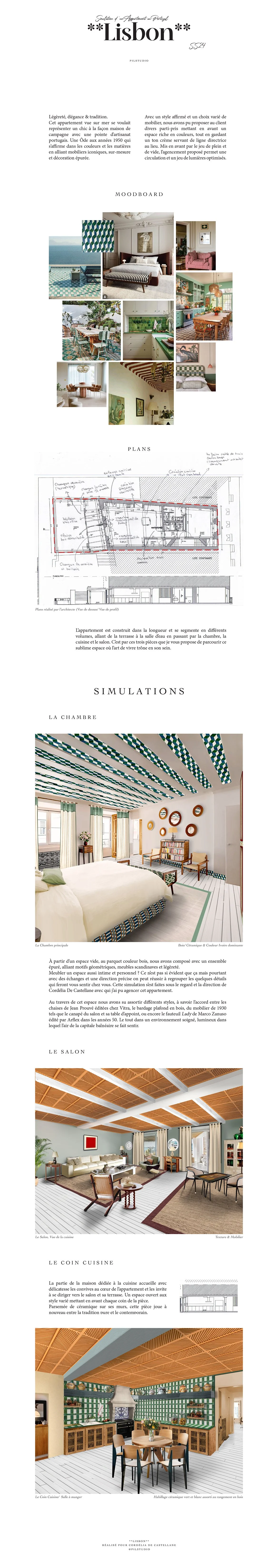 Design d'intérieur, moodboard, plans et simulations d'une rénovation d'appartement à Lisbonne avec des images de chambre, salon et coin cuisine, incluant des éléments décoratifs, meubles et aménagements modernes.