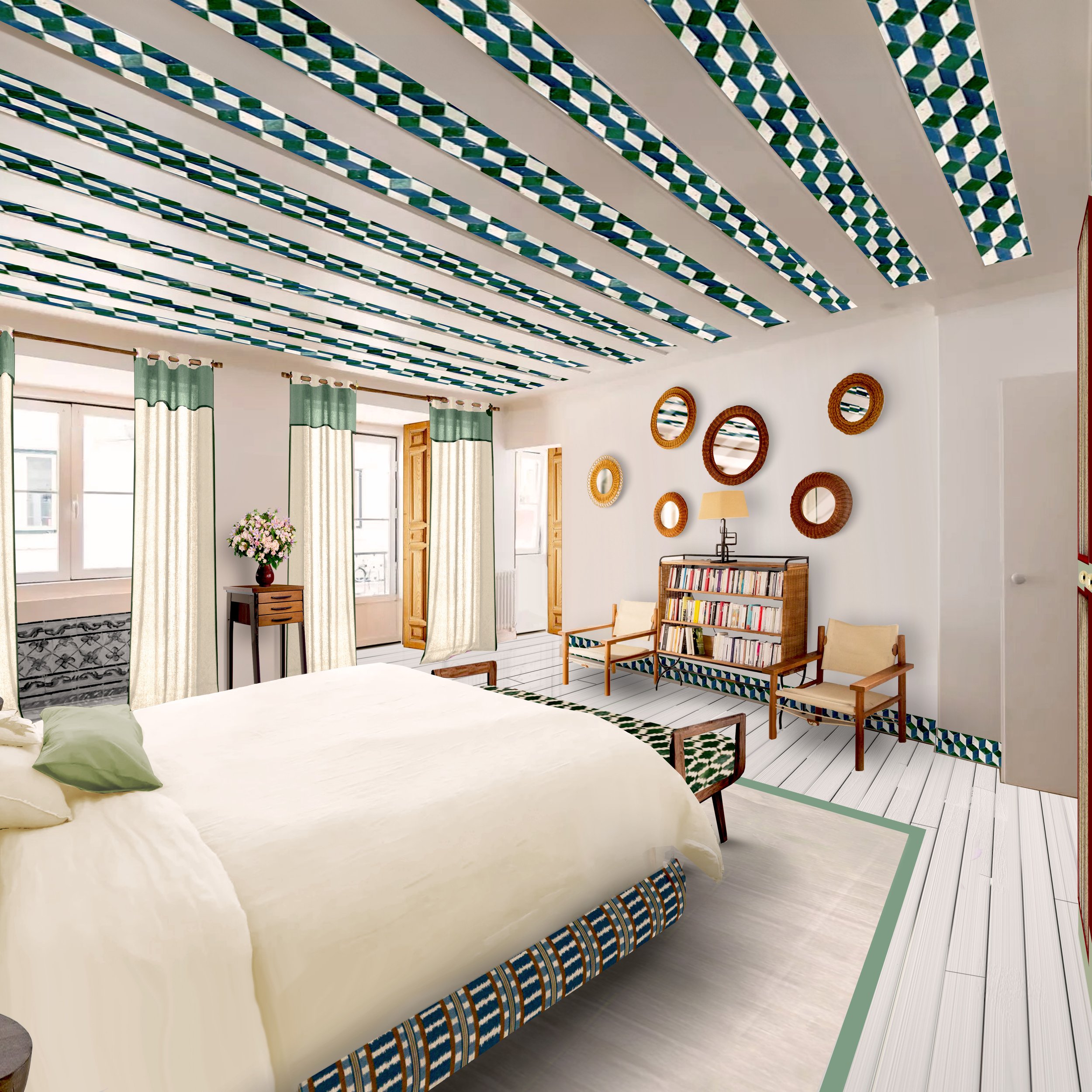 Chambre moderne avec lit, étagère à livres, chaises et décoration murale. Plafond à motifs géométriques, rideaux clairs avec bordures vertes, et fenêtres laissant entrer la lumière naturelle.