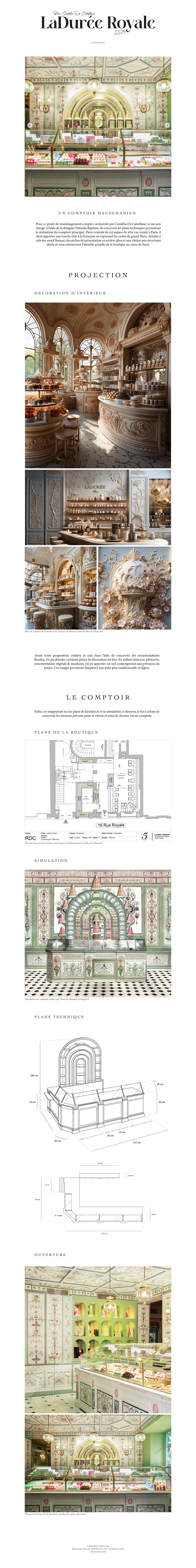 Conception architecturale et intérieure pour la boutique LaDurée Royale avec illustrations et plans détaillés, montrant des intérieurs richement décorés et des présentoirs de pâtisseries.