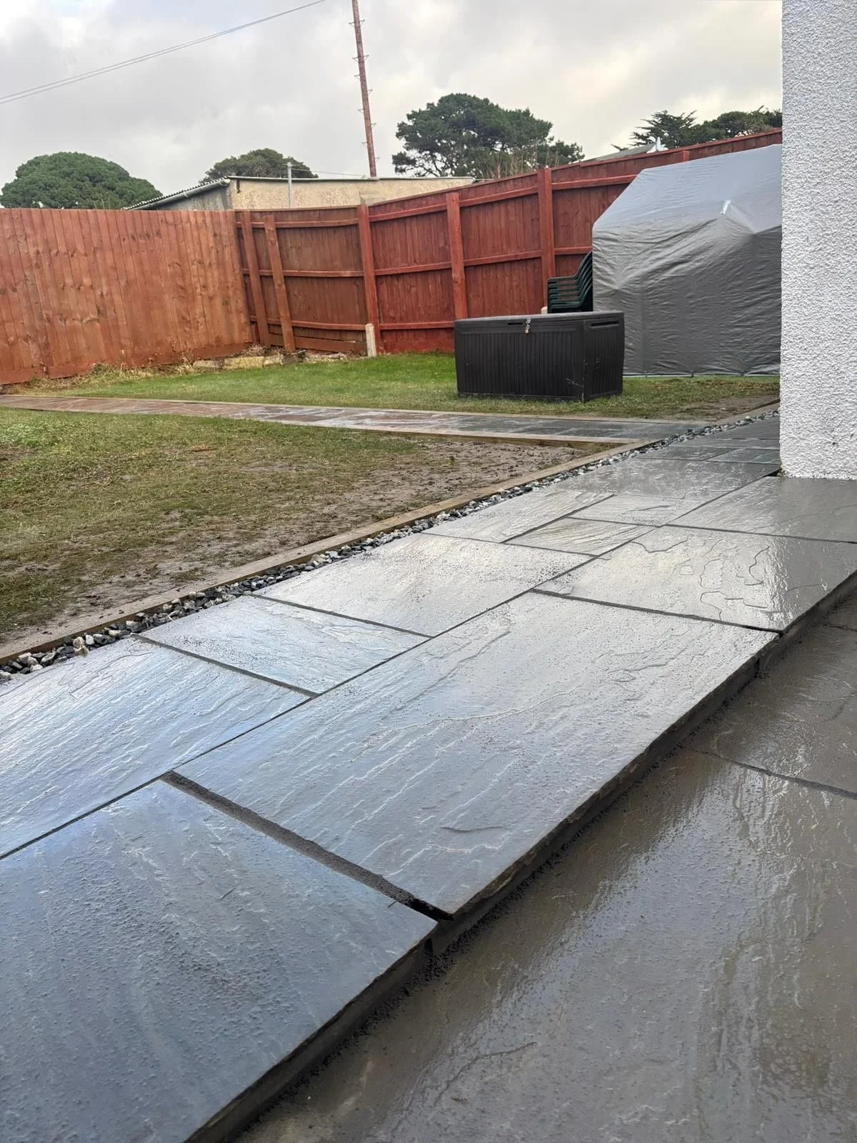 Had our fair share of Indian sandstone patios this year! 😳🤣

A great 3 day turn around on this one laying Pure Grey throughout. Treated timber posts used as an edging on the pathways and black ice decorative stones to sit between for drainage 👌🏼
