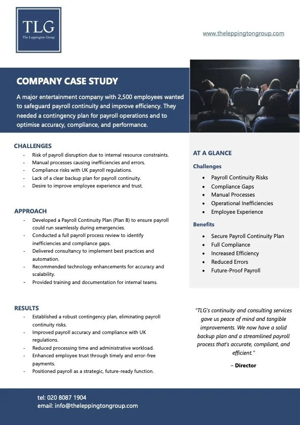 Company case study document for TLG, The Leppington Group, about an organisation in the entertainment industry who leverage benefits of payroll continuity solutions with sections on challenges, approach, results resolved.