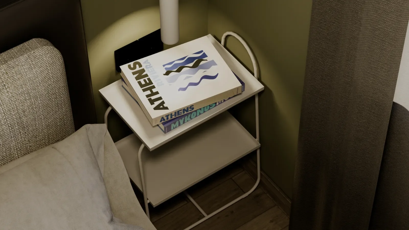 A bedside table holding two travel guide books, one titled 'ATHENS' and another 'MYKONOS', next to a beige bed with a pillow, and curtains to the right.
