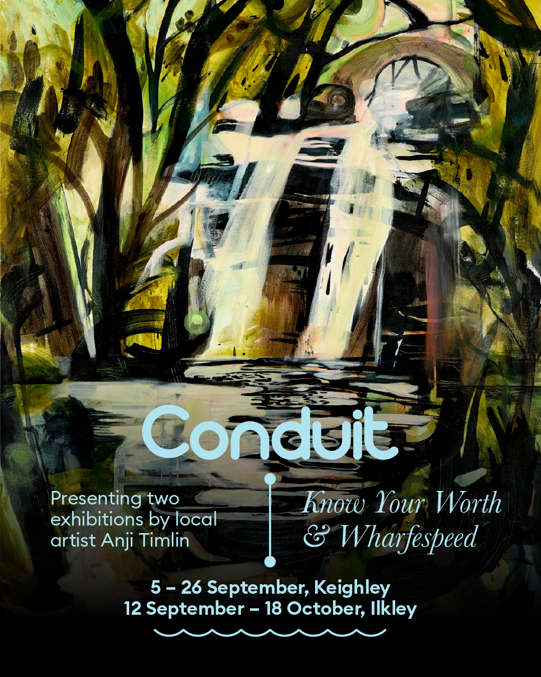 Poster for Conduit Know Your Worth and Wharfespeed by Anji Timlin featuring an atmospheric painting of a waterfall