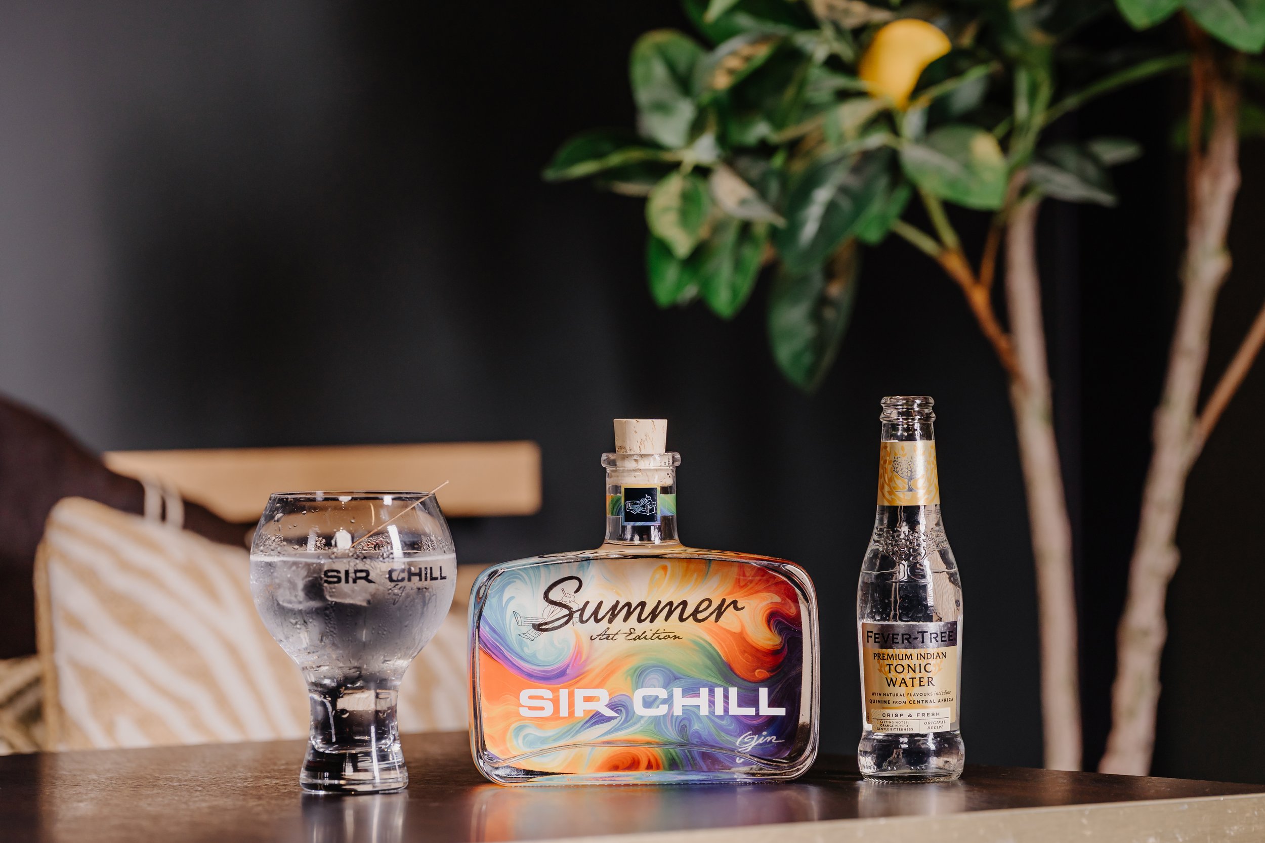 Een glas met water en ijsblokjes, een fles Sir Chill Summer gin met kleurrijk label, en een fles Fever-Tree tonic water, op een houten tafel met een achtergrond van een zwarte muur en een grote groene plant.