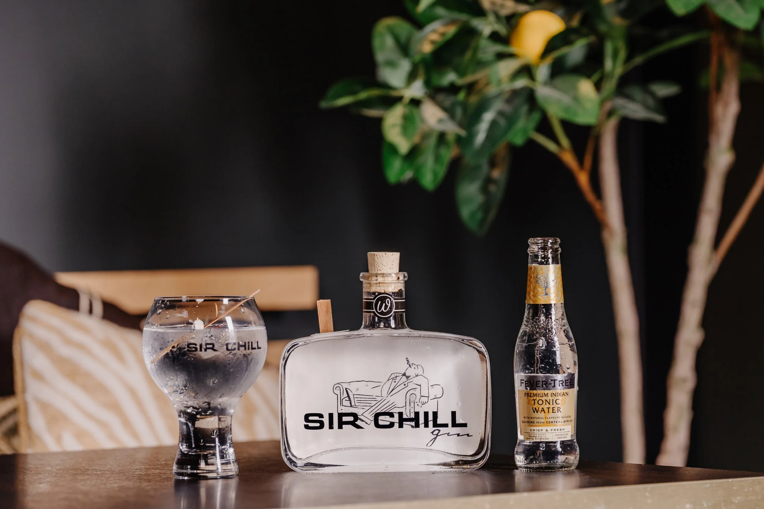 Een tafel met een glas water, een fles Sir Chill gin en een fles tonic water, met een groene plant op de achtergrond.