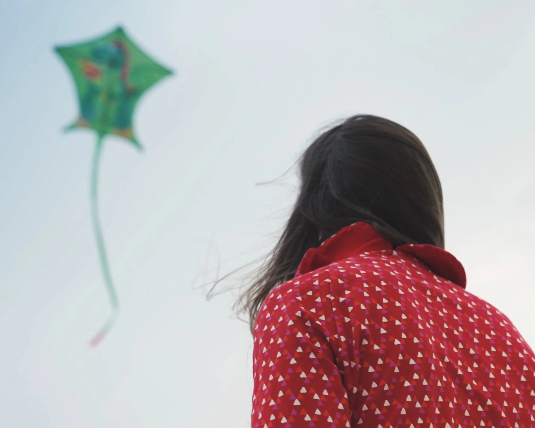 A person with long dark hair in a red jacket with a pattern of small triangles, facing away from the camera, with a blurry green kite in the sky to the left.