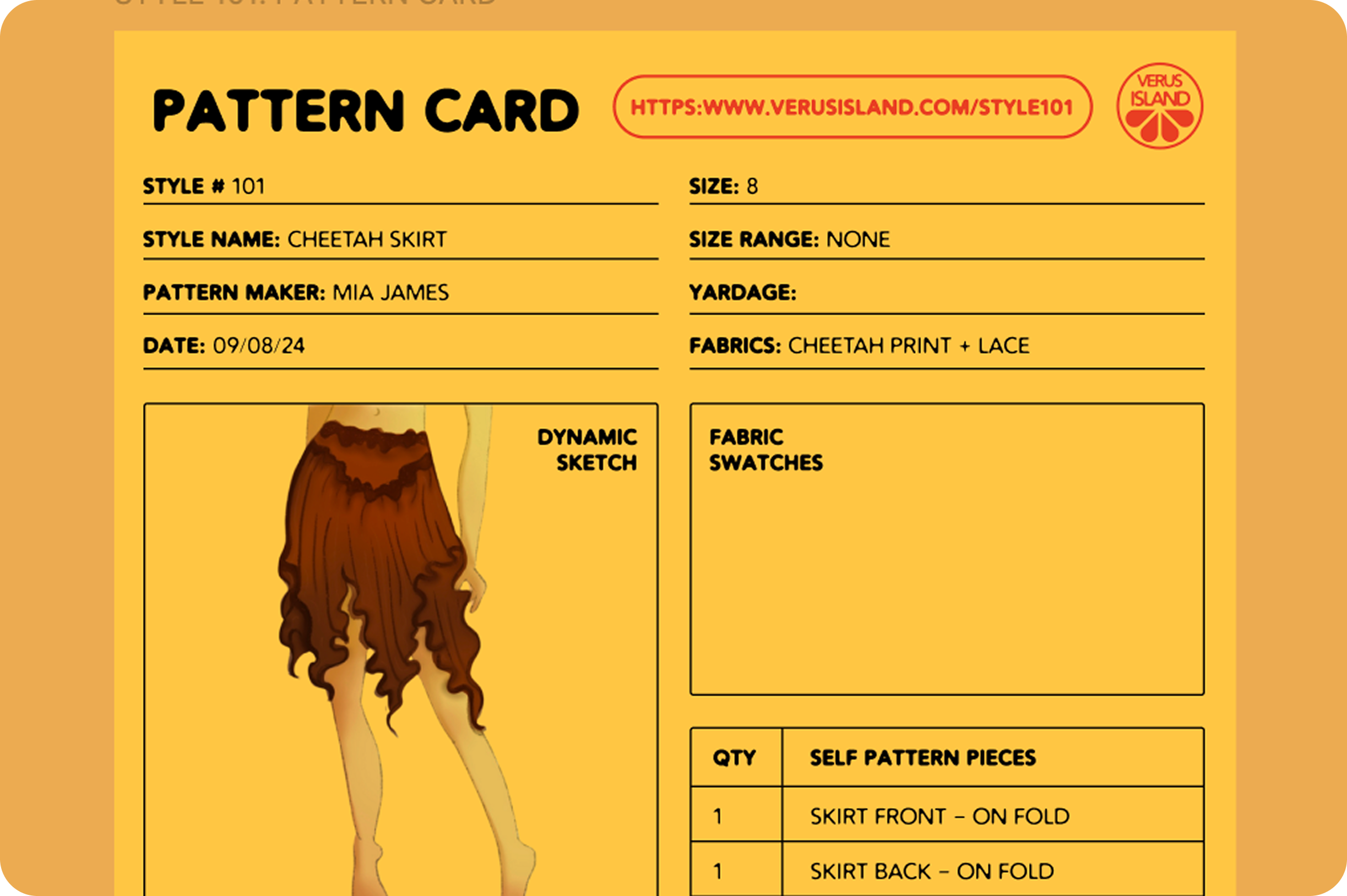 PATTERN CARD: Style #101. Pattern drafting, garment construction, technical and dynamic illustration by Mia James.