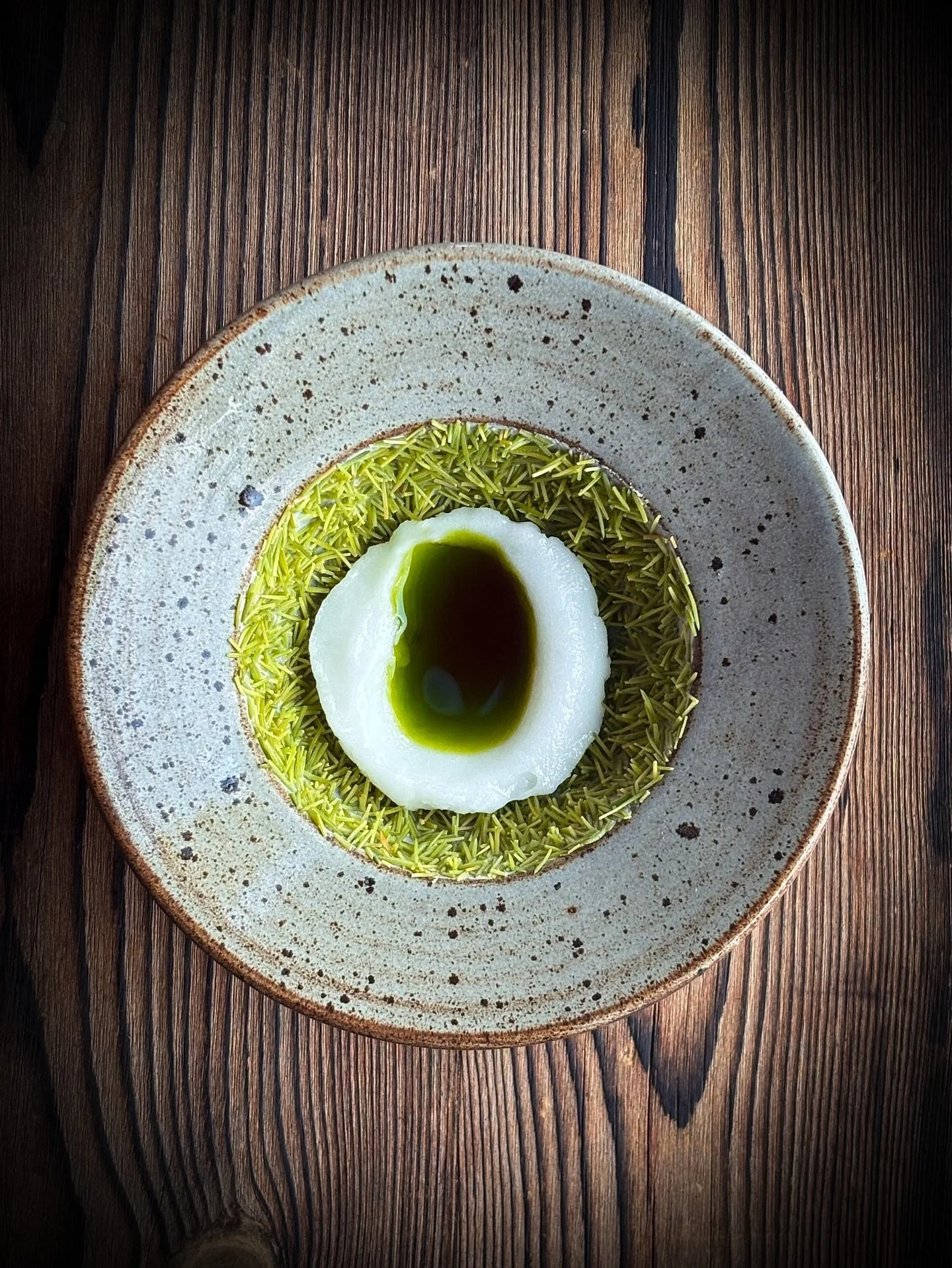 Elderflower sorb&eacute;t with spruce shoots &amp; tomato leaf oil. 
A vibrant explosion of flavours, gathered &amp; preserved from last spring &amp; summer.