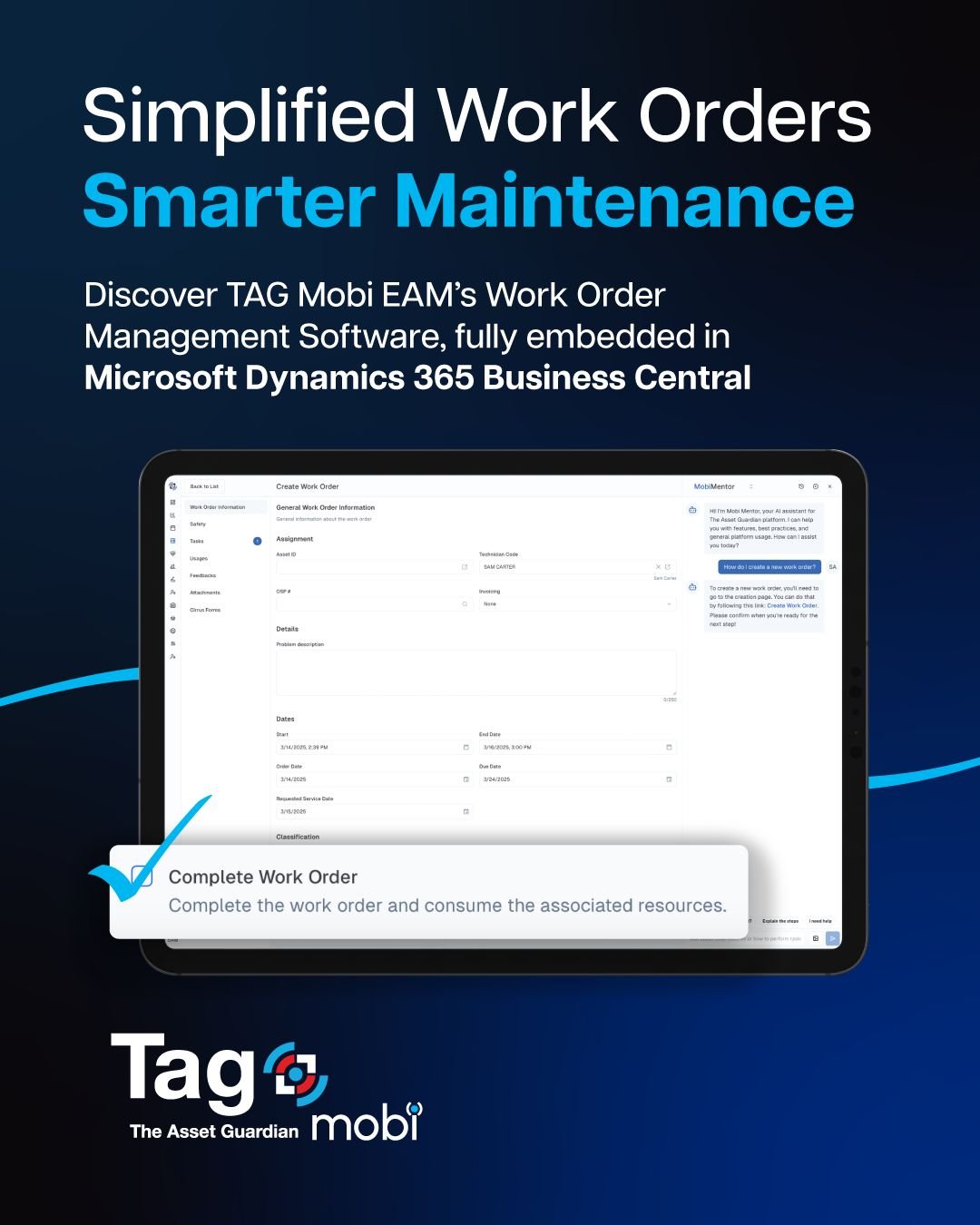 Smarter maintenance starts with simpler work order management.
ㅤ
Poor communication and planning leads to missed tasks, delays, and costly reactive work. TAG Mobi EAM&rsquo;s work order management software gives you:
✅ Mobile, real-time digital work 