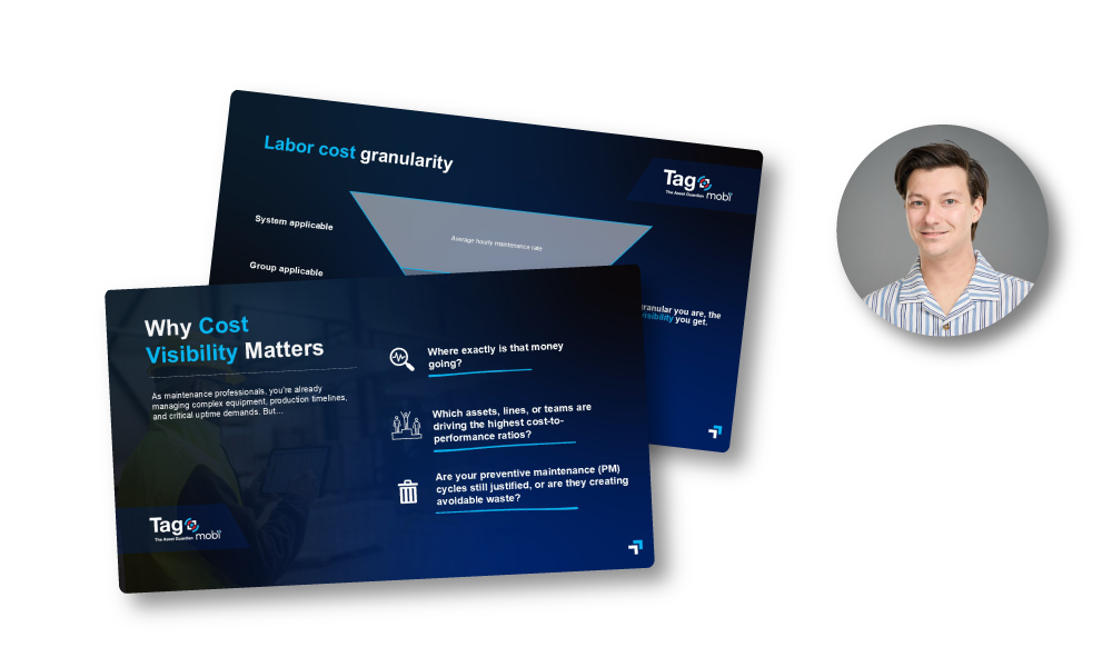 Captures d'écran de la formation TAG Mobi sur la présentation PowerPoint « Transformez vos coûts de maintenance en gains mesurables » et photo de profil de Benjamin Brousseau, consultant avant-vente.