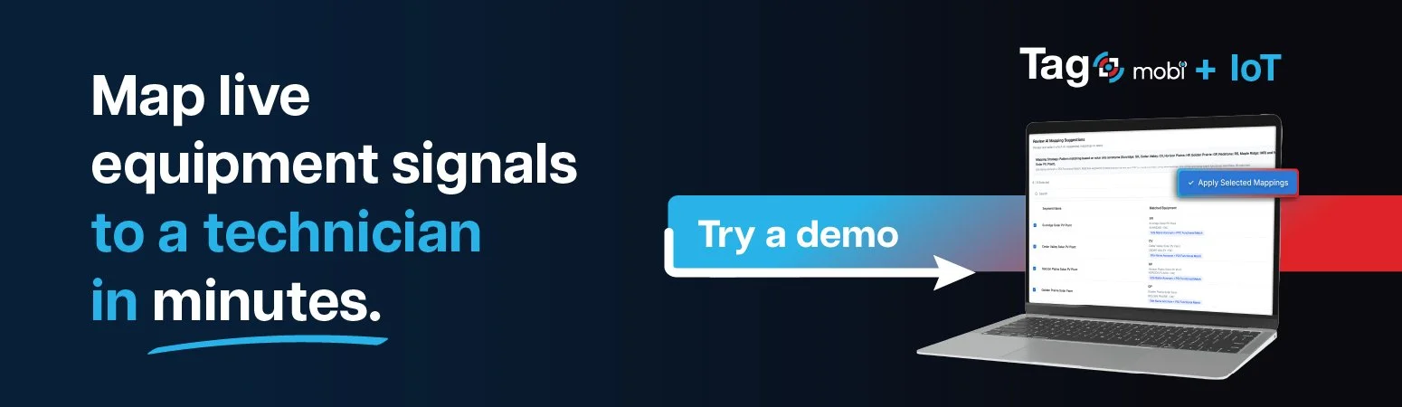 Map live equipment signals to a technician in minutes. TAG Mobi + IoT  logo above a laptop showing screenshot of dashboard.