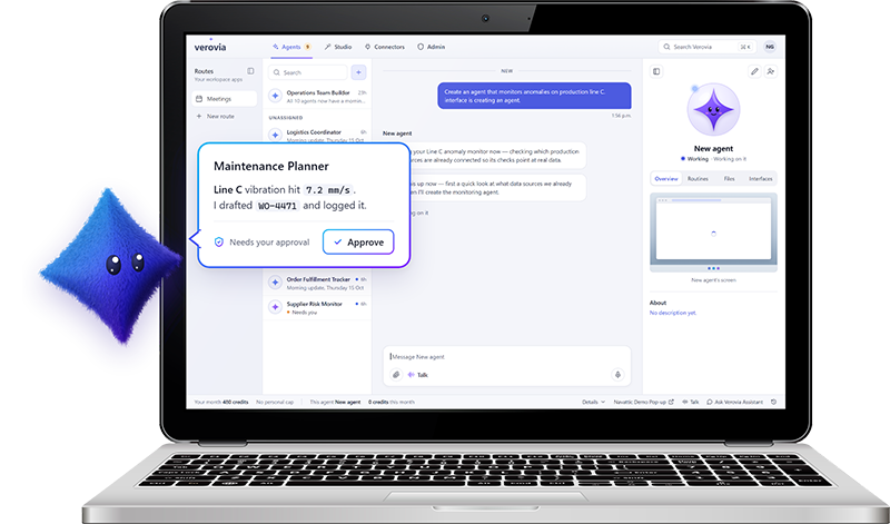 Verovia on a laptop showing AI agents that can work across your operations.