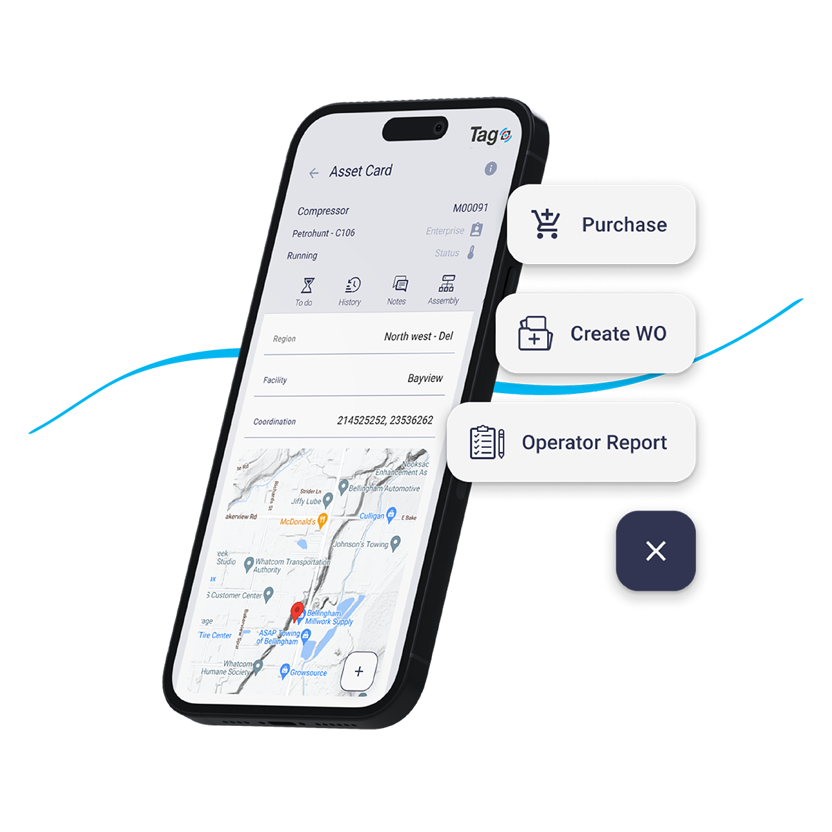 TAG Mobile App – Asset-Karte mit Schaltflächen für Kauf, Arbeitsauftrag und Bedienerbericht