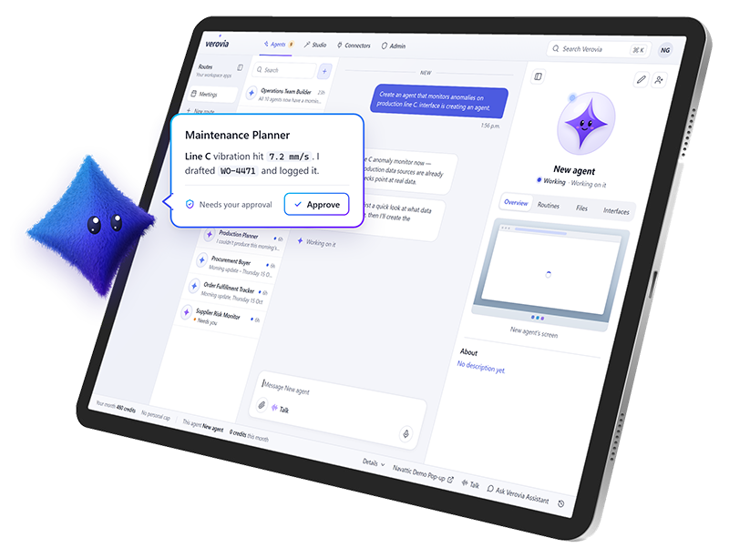 Verovia on a tablet showing AI Agents executing operational work.