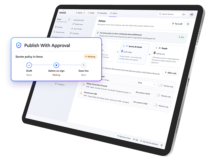 Verovia on a tablet displaying connectors with governance and app publishing.