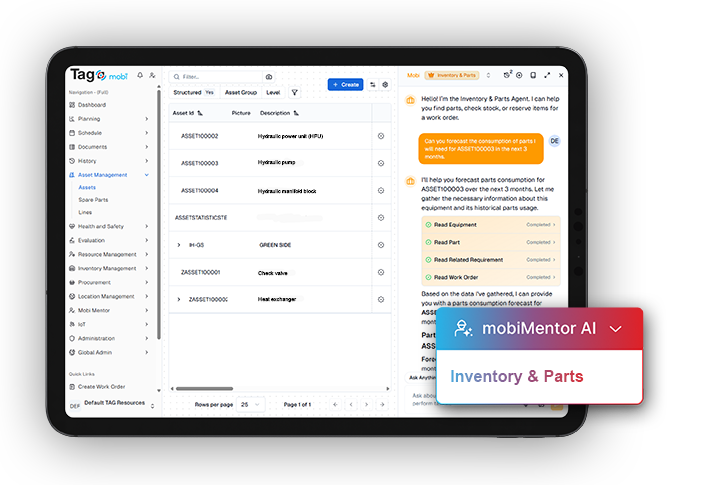 Capture d'écran de TAG Mobi sur un ordinateur portable utilisant Parts & Inventory AI.