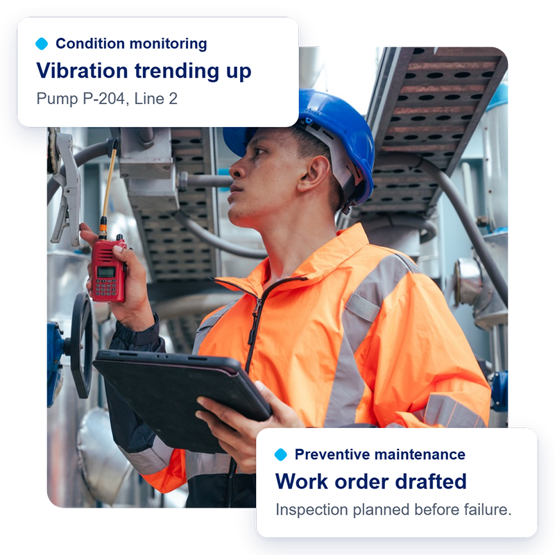 Un technicien, équipé d'un casque de chantier et d'un gilet haute visibilité, inspecte le matériel à l'aide d'une radio et d'une tablette. Les cartes d'interface signalent une augmentation des vibrations sur la pompe P-204 et un rapport de maintenance a été rédigé : préventive  bon de travail .