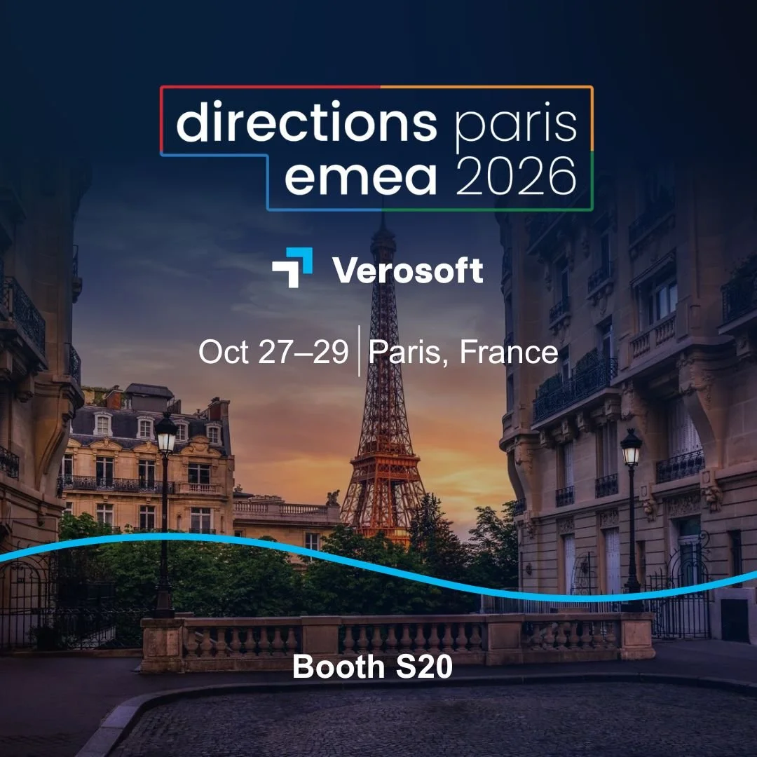 Logo « Directions EMEA » avec le logo Verosoft et une image de la Tour Eiffel en arrière-plan