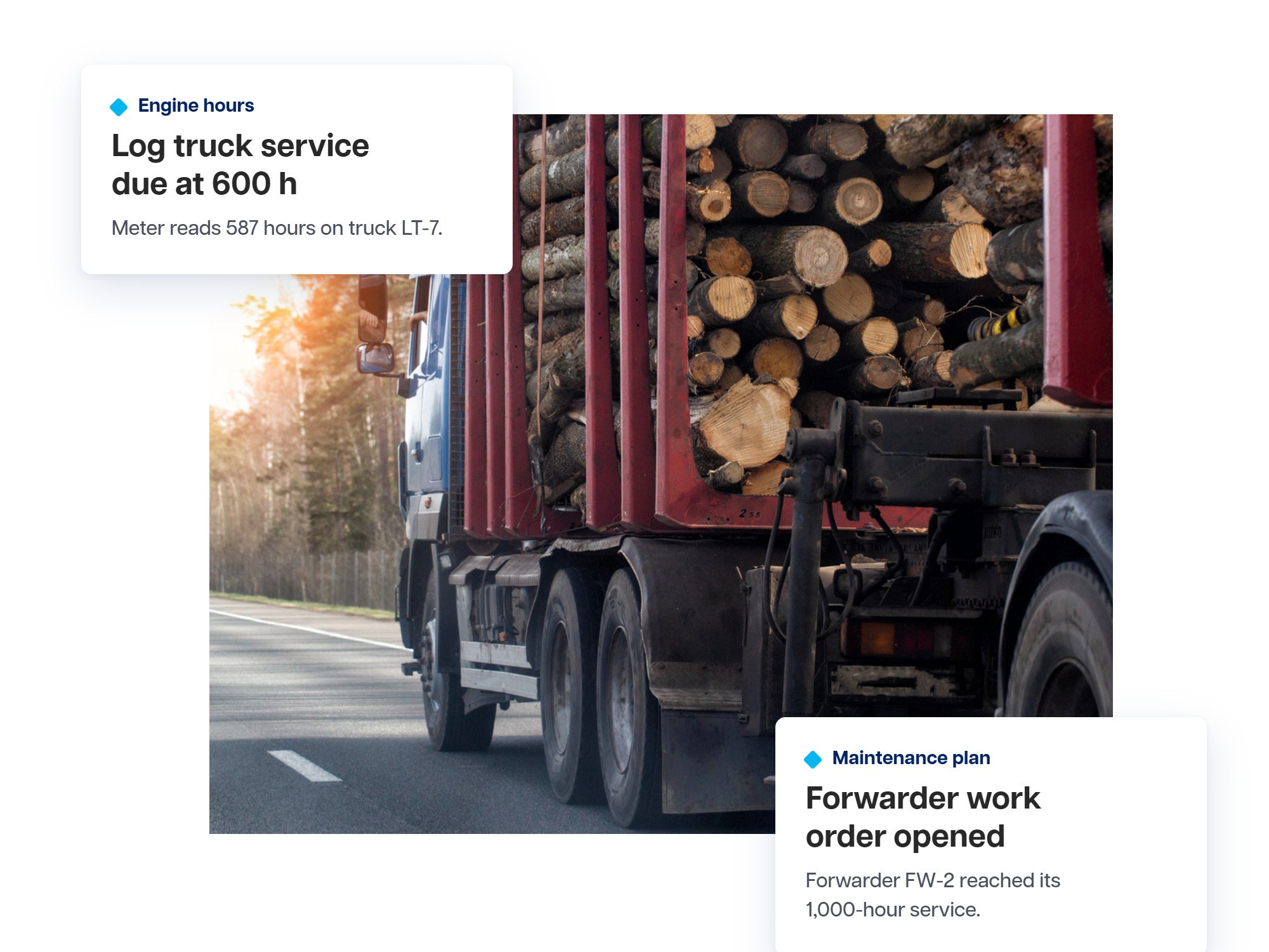 Close-up of a log truck loaded with timber on a forest highway, with two cards for engine-hour service tracking.