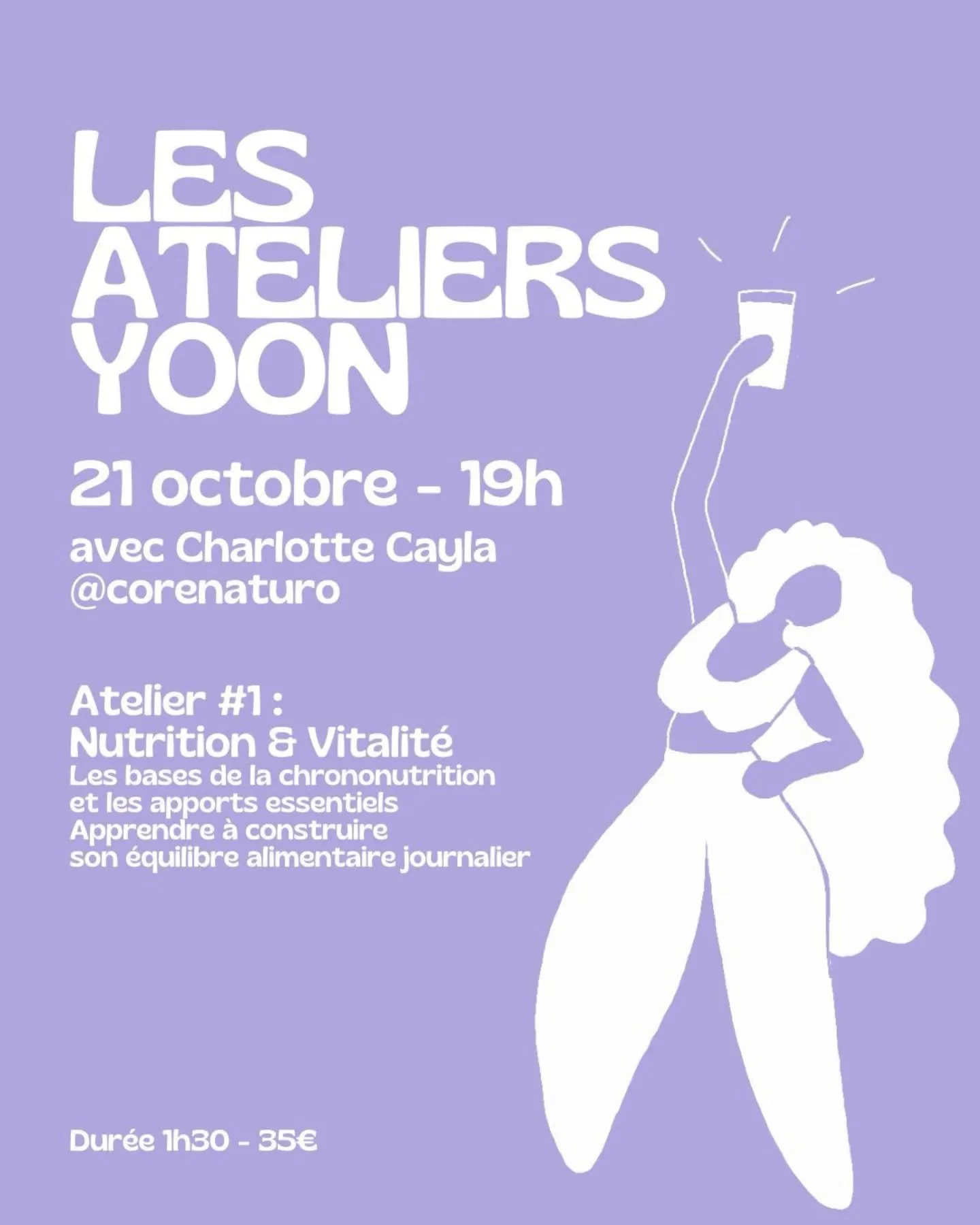 Yoon Studio lance ses ateliers avec @corenaturo 🔥

Premier stop : Nutrition &amp; Vitalit&eacute; 🥑

Marre du coup de mou &agrave; 16h ? Apprends &agrave; dompter ton &eacute;nergie et ton assiette sans te prendre la t&ecirc;te.

Au menu :
💙 Les b