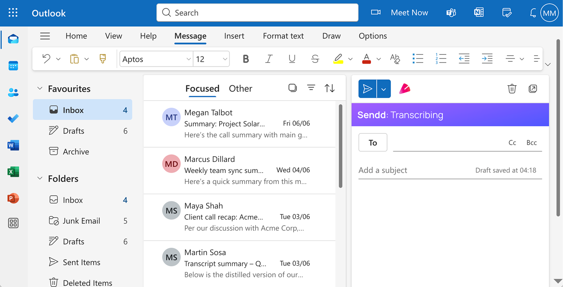 Screenshot of a Outlook inbox demonstrating the Sendd integration into the compose window.