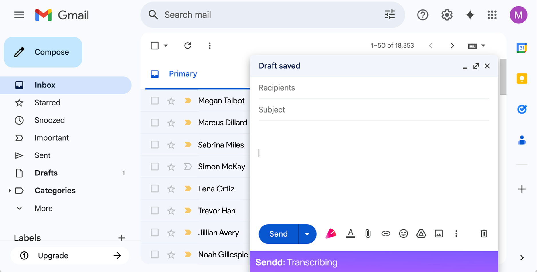 Screenshot of a Gmail inbox demonstrating the Sendd integration into the compose window.