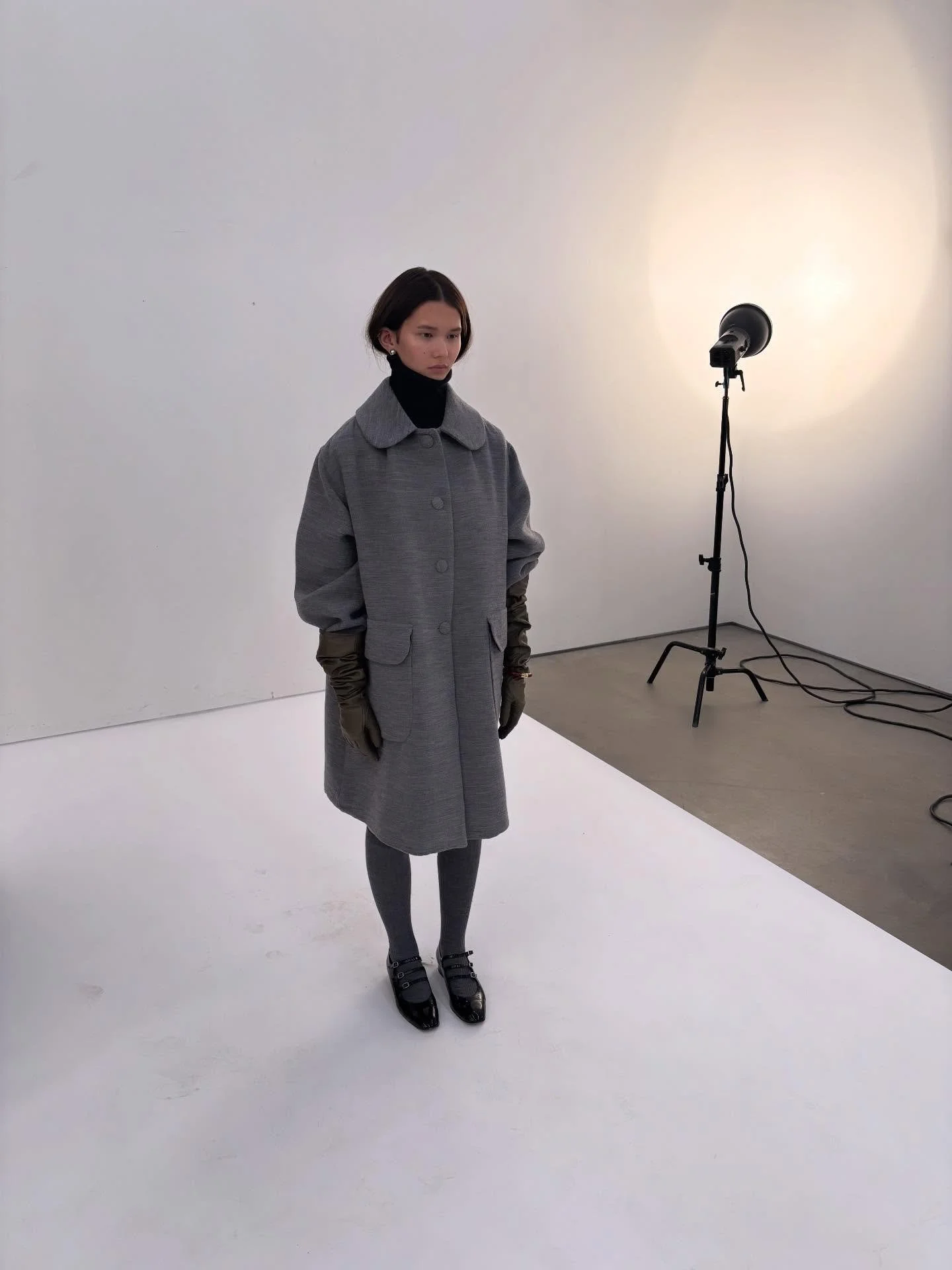 Dani in the studio - she wears Astrid Wool &amp; Silk Coat 🎀